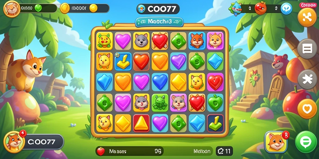 Tangkapan layar utama COO77 menampilkan gameplay Match-3 yang seru.