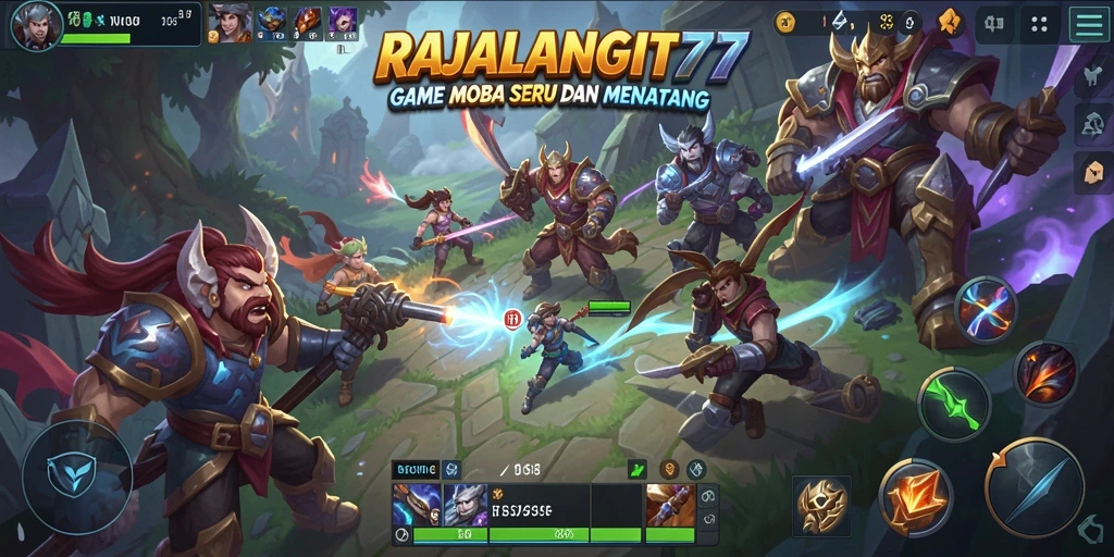 Tangkapan layar menampilkan aksi seru dalam pertarungan MOBA RAJALANGIT77.