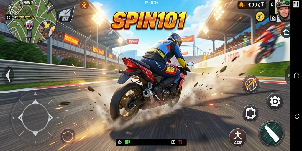 Tangkapan layar SPIN101 menunjukkan aksi balapan motor yang mendebarkan.